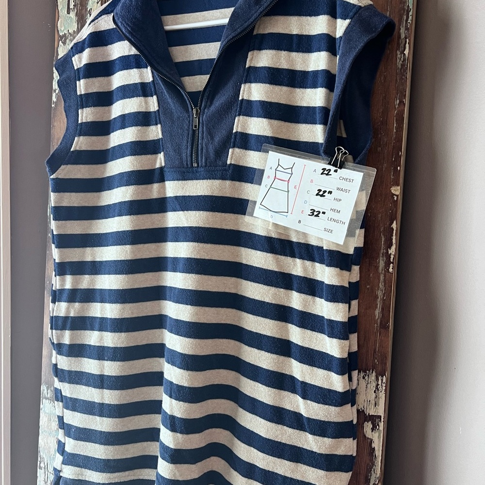 Umgee Navy and Tan Striped Mini Terry Cloth Dress with Pockets